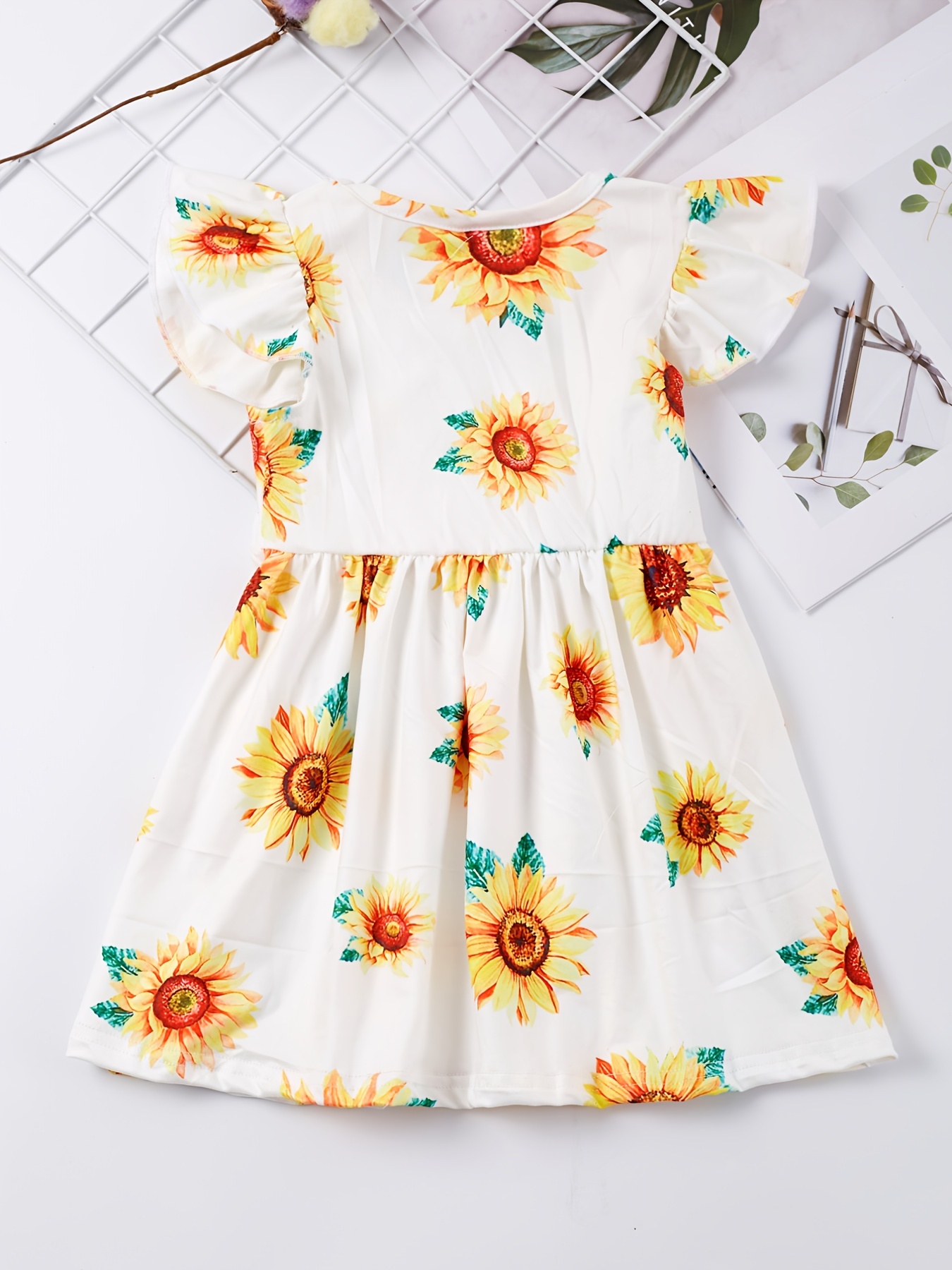 Girls Ruffled Sleeves Crew Neck Sunflower Graphic Dress For Party Kids ...