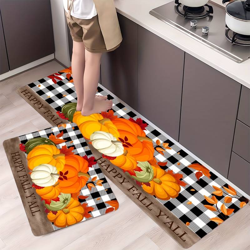 Tappetini Cucina Autunnali Antiscivolo 2 Pezzi – Morbidi Memory Foam 12mm Con Motivo Zucca – Arancione