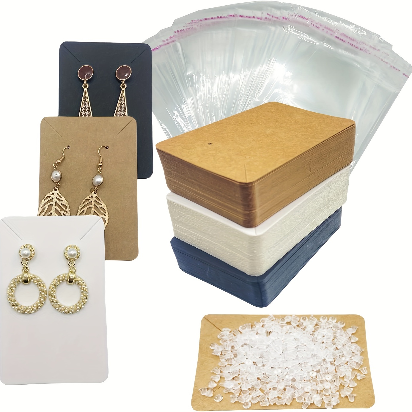 Earring Display Cards with 100 Pcs Earring Holder Cards 200 Pcs Earring  Backs and 100 Jewelry Packaging for Earrings Necklace Jewelry Bags 3.5x2.4