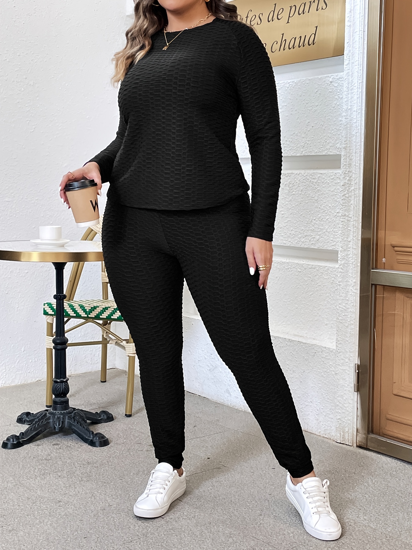 Plus Size Casual Outfit Set, Women's Plus Solid Long Sleeve Curve Hem  Ribbed Knit Hoodie & Leggings Outfits Two Piece Set