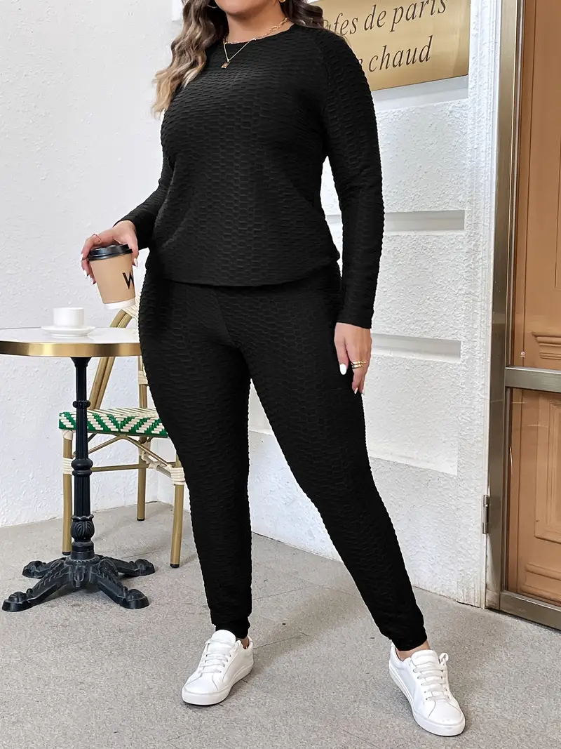 Plus Size Casual Outfits Set, Women's Plus Solid Ribbed Long Sleeve Round  Neck Top & Leggings Outfits Two Piece Set
