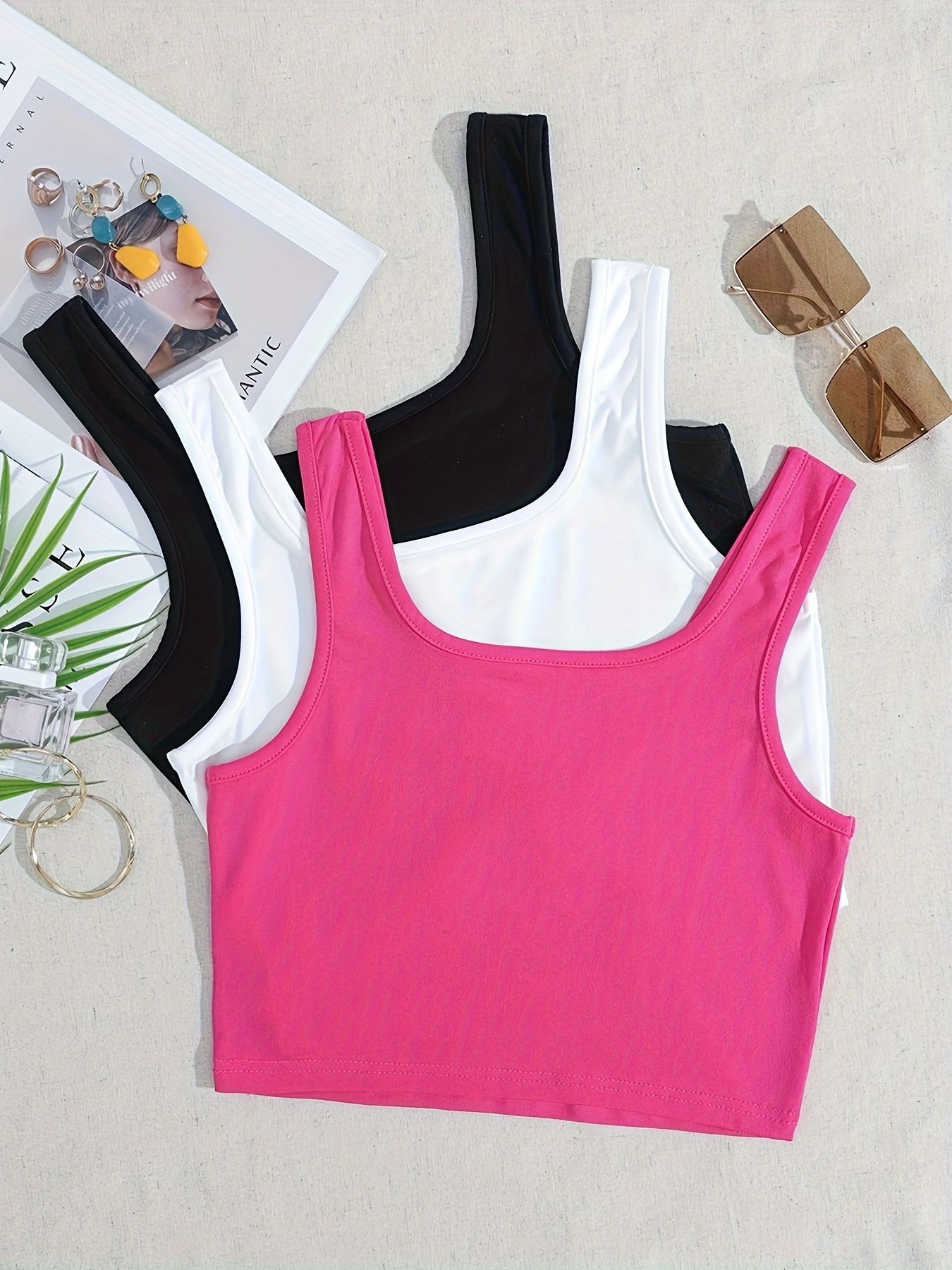 3 Packs Mezcla Colores Crop Tank Top Casual Cuello Redondo - Temu