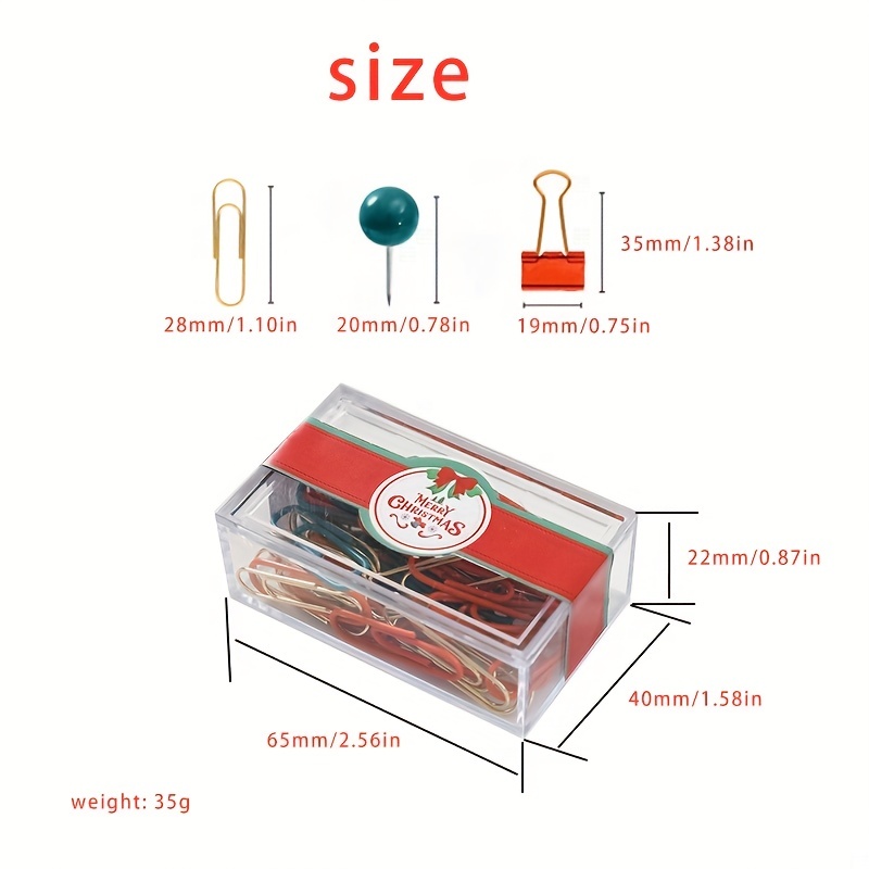 Christmas Stationery Set With 3 Small Compartments Earth Push Pins (12pcs),  Spiral Paper Clips (20pcs) And Extra-long Tail Clips (5pcs)