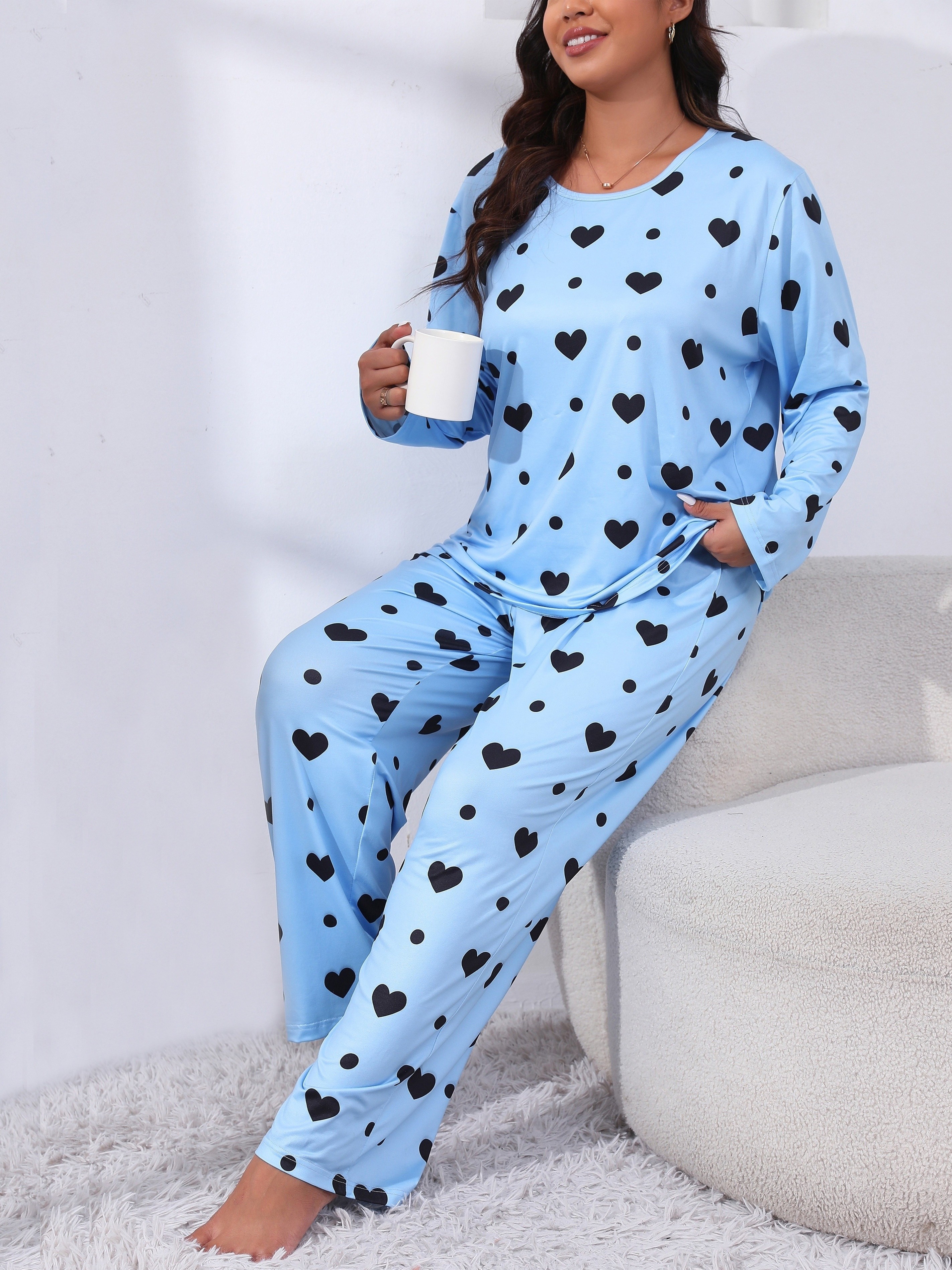 Plus Size Cute Pajamas Set Women's Plus Eyelash Letter Heart - Temu Canada