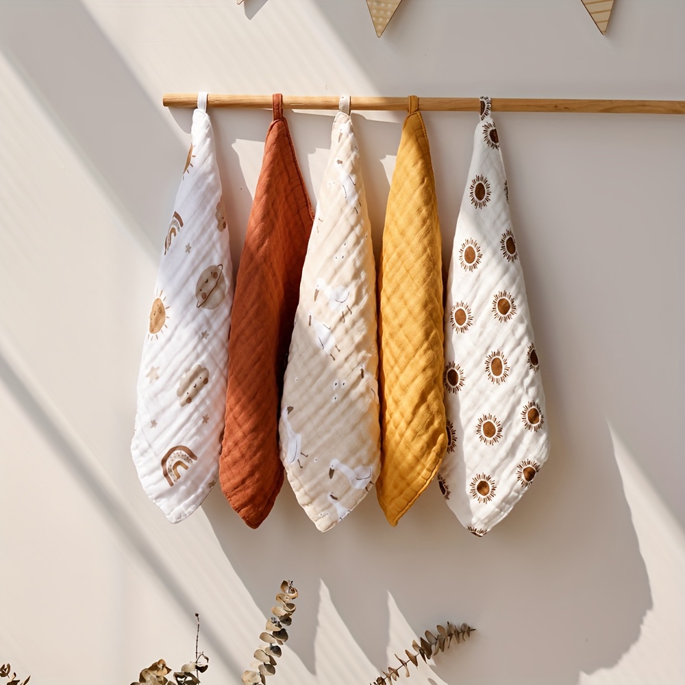 

5pcs/set Bamboo Muslin Square Towels, 4 -layer Soft Face Towel, Cute Print Burp Cloth
