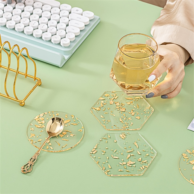 6pcs, Heat-Resistant Acrylic Coasters with Golden Foil Design - Transparent  and Washable Kitchen Supplies