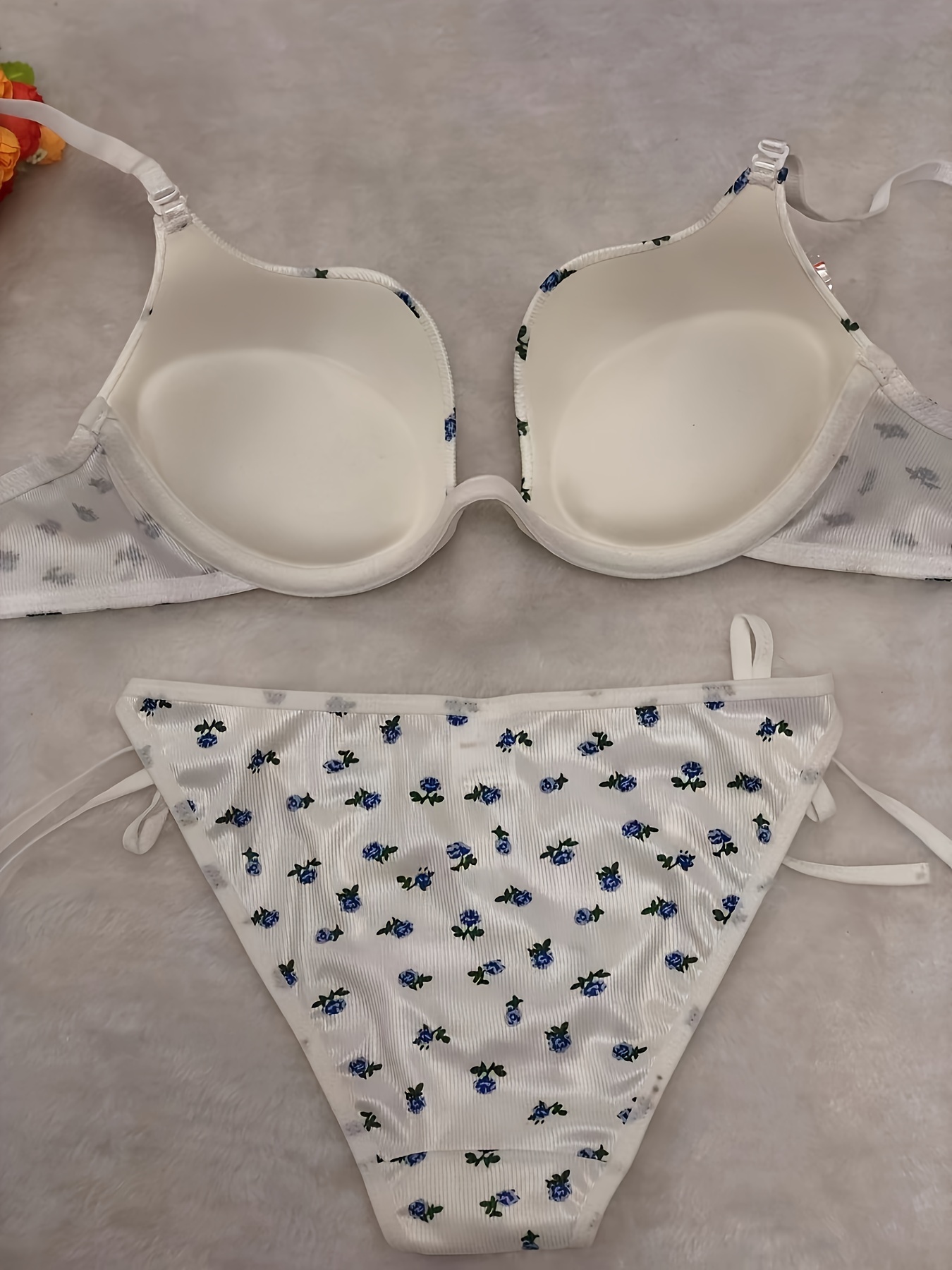 Ditsy Print Bra Panties Plunge Bra Knot Panty Lingerie Set - Temu