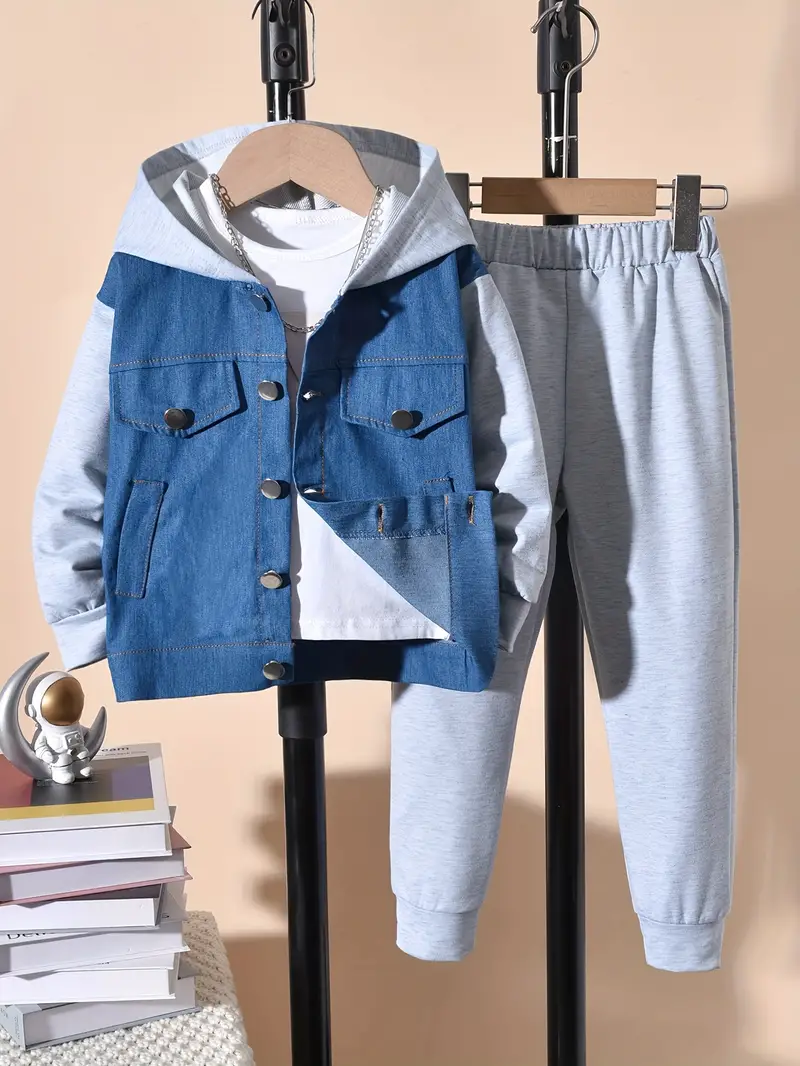 2pcs boys denim jacket outfit hooded coat sweatpants set casual long sleeve top kids clothes for spring fall winter details 4