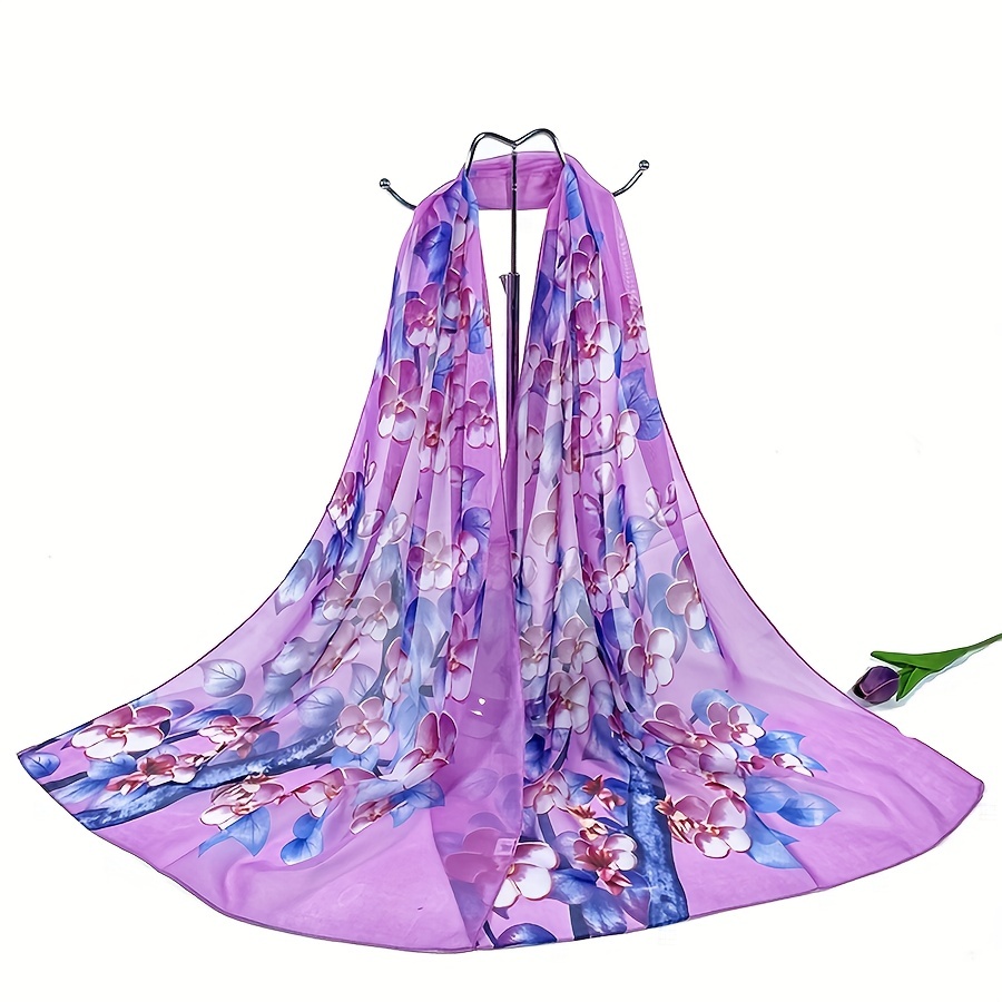Chiffon Flower Print Scarf Silk Shawl Casual Windproof Head Wrap