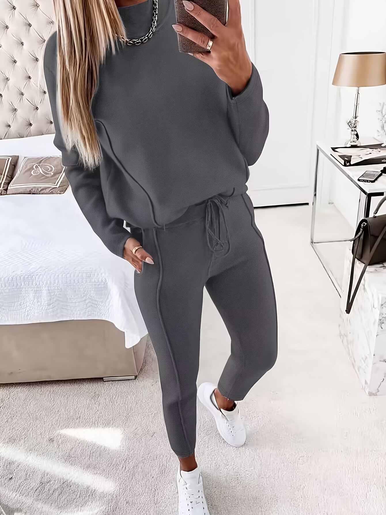 Casual Solid Two piece Set Long Sleeve Mock Neck Top - Temu