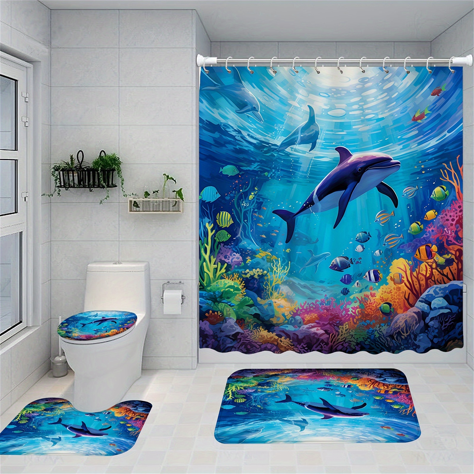 Dolphin Coral Children's Shower Curtain Waterproof Shower - Temu