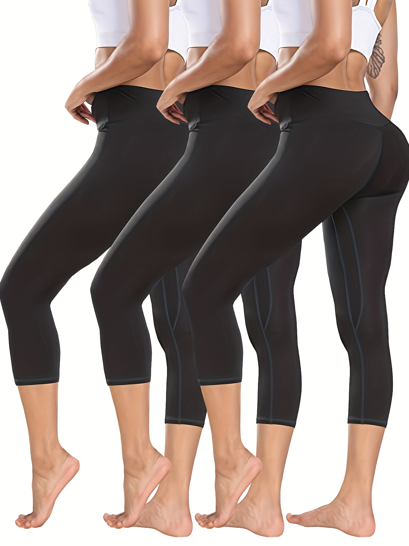 3pcs High Waist Tummy Control Fitness Capri Pants, Quick Dry Running Yoga  Hip Lifting Sports Leggings, Women's Activewear