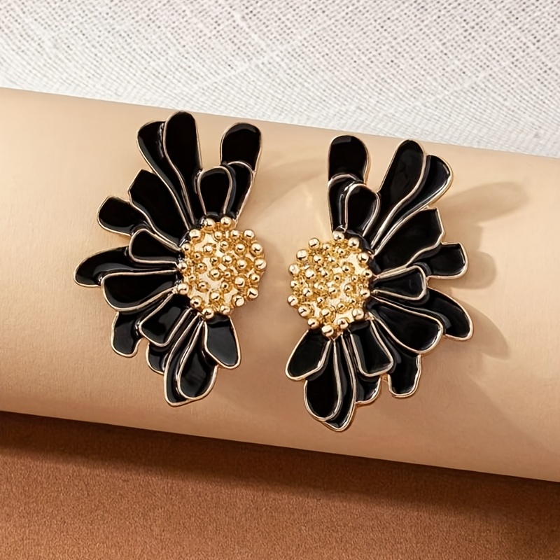 Green Flower Enamel Stud Earrings, 18K Plated