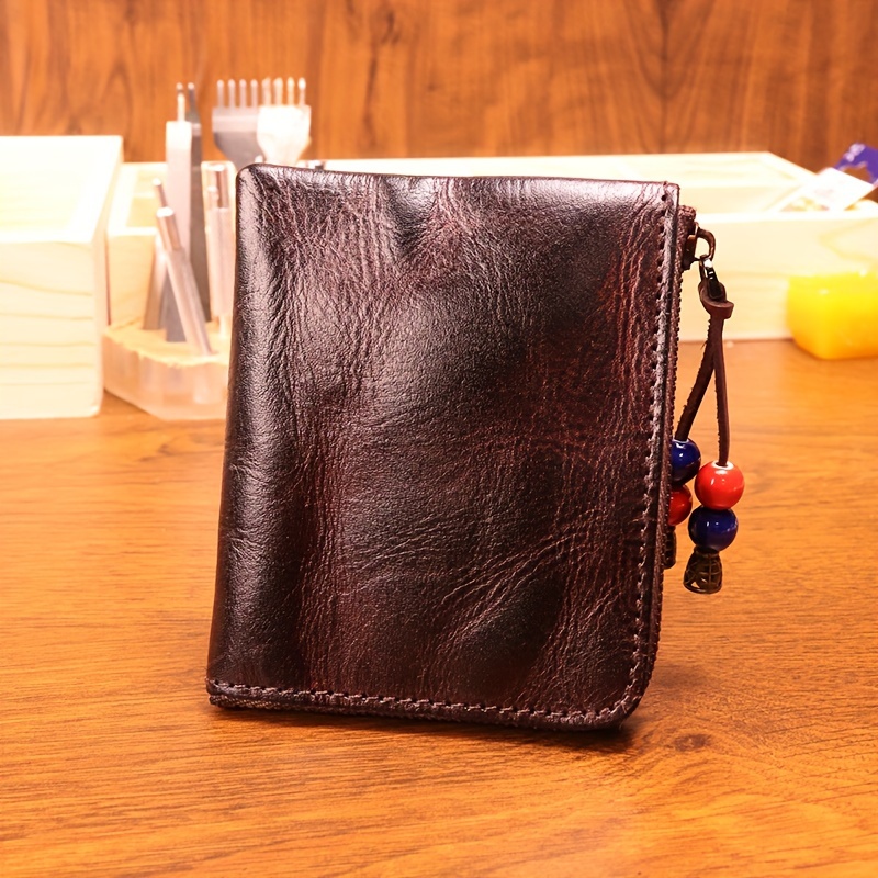 mens vintage top layer cowhide wallet genuine leather zipper coin purse