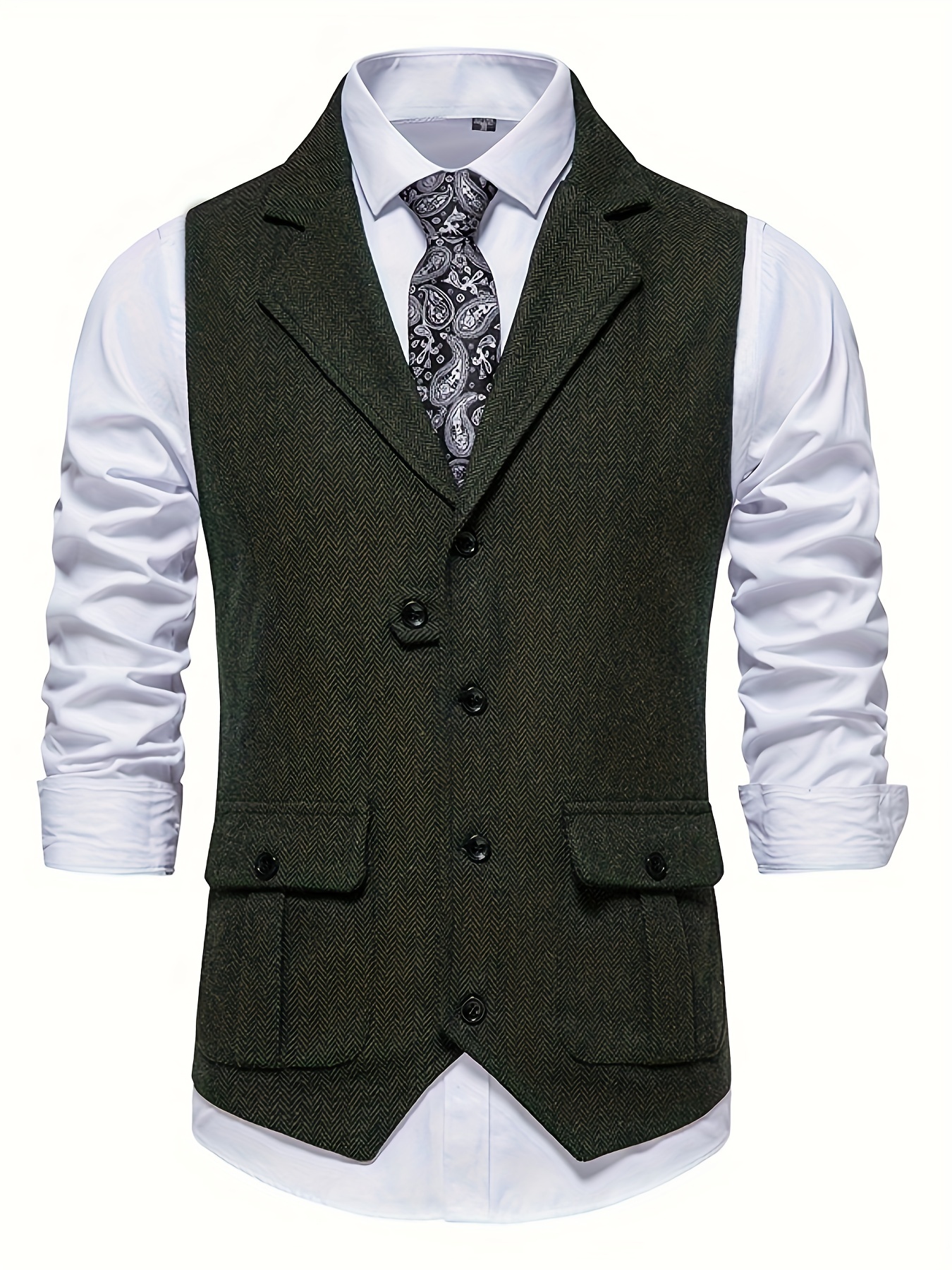 Men's Herringbone Tweed Vest Notched Lapel Single Breasted