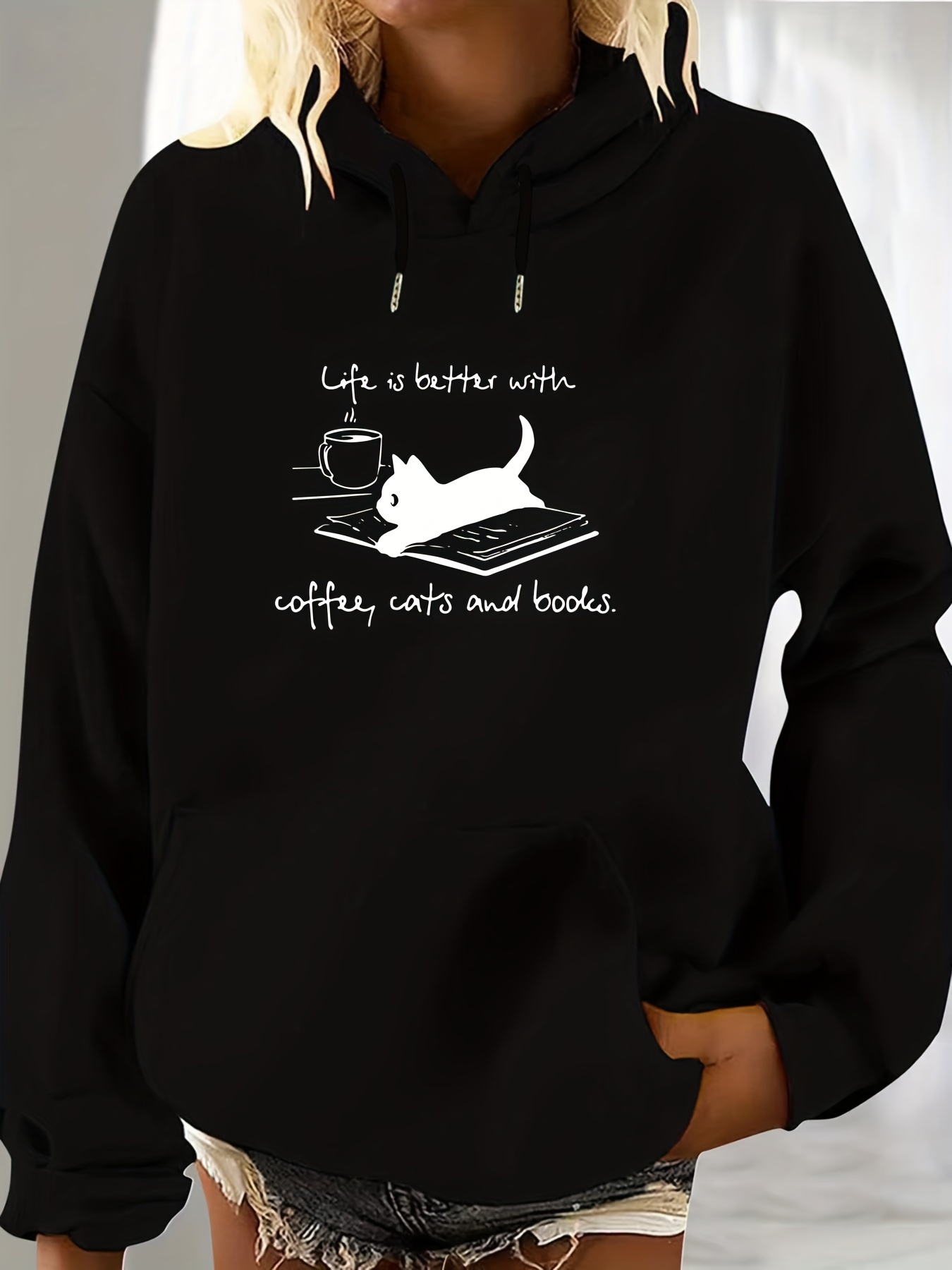 Books Coffee Print Hoodie Drawstring Casual Hooded - Temu