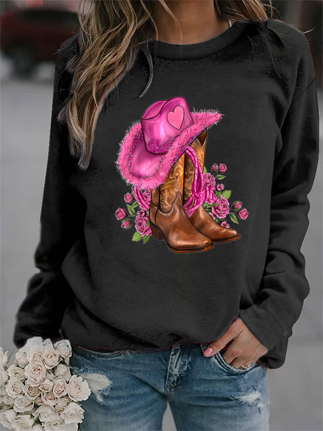 Cowboy Print Loose Sweatshirt, Casual Long Sleeve Crew Neck Sweatshirt,  Women's Clothing - Temu