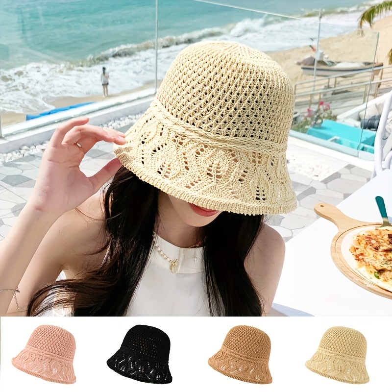 Hollow Knitted Breathable Bucket Hat Elegant Solid Color Sun - Temu