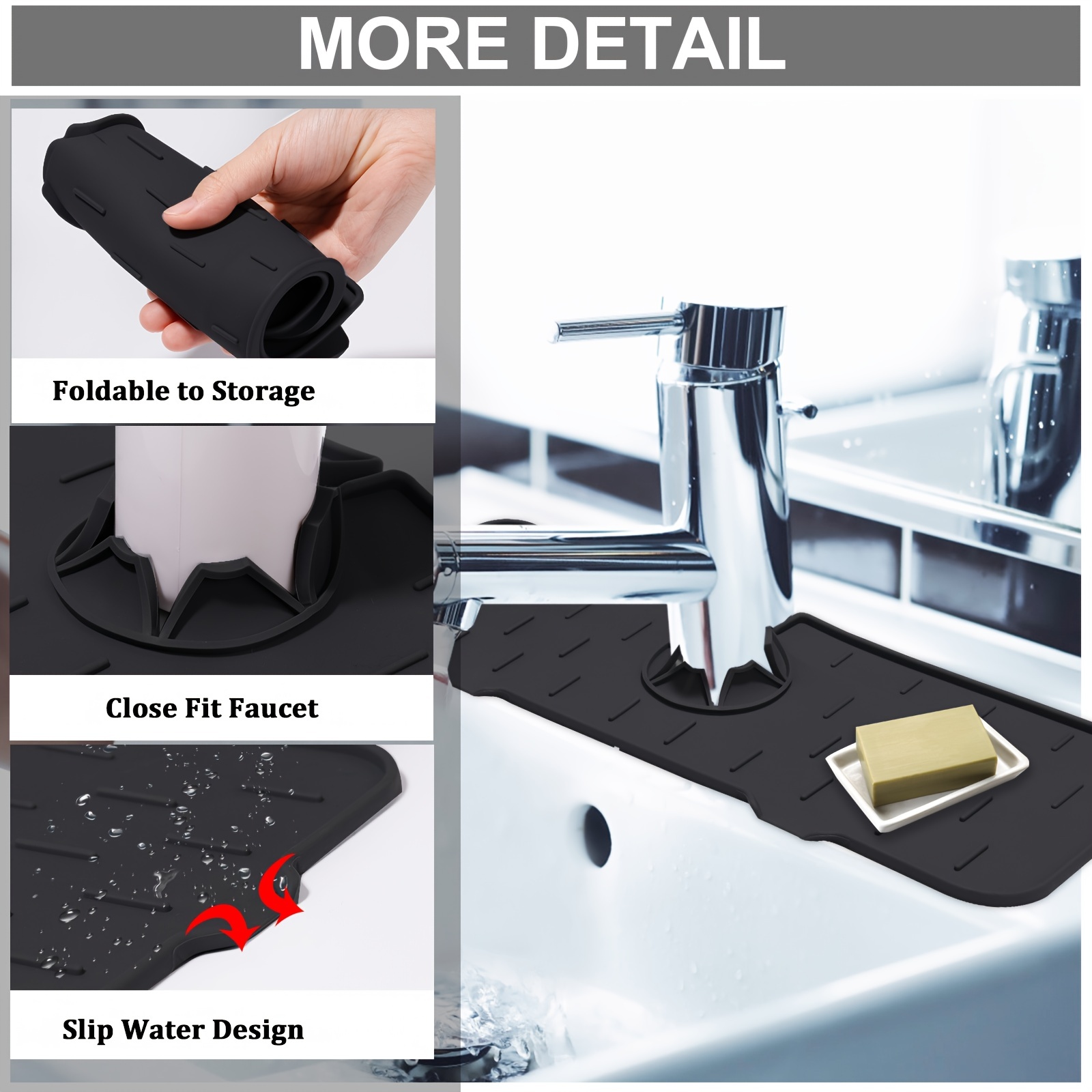 1pc, Plastic Drain Mat, Kitchen Faucet Sink Splash Guard, Silicone Faucet  Water Catcher Mat, Sink Draining Pad Behind Faucet, Rubber Drying Mat, For K