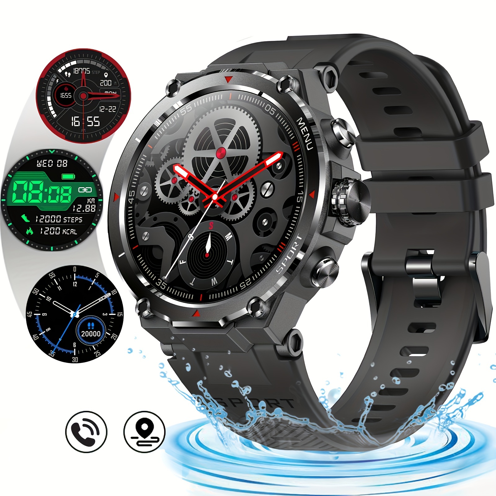 Orologio militare intelligente per uomo, orologio intelligente Bluetooth  per Android e Iphone, orologio esterno robusto impermeabile Ip68, fitness  tracker con frequenza cardiaca Spo2