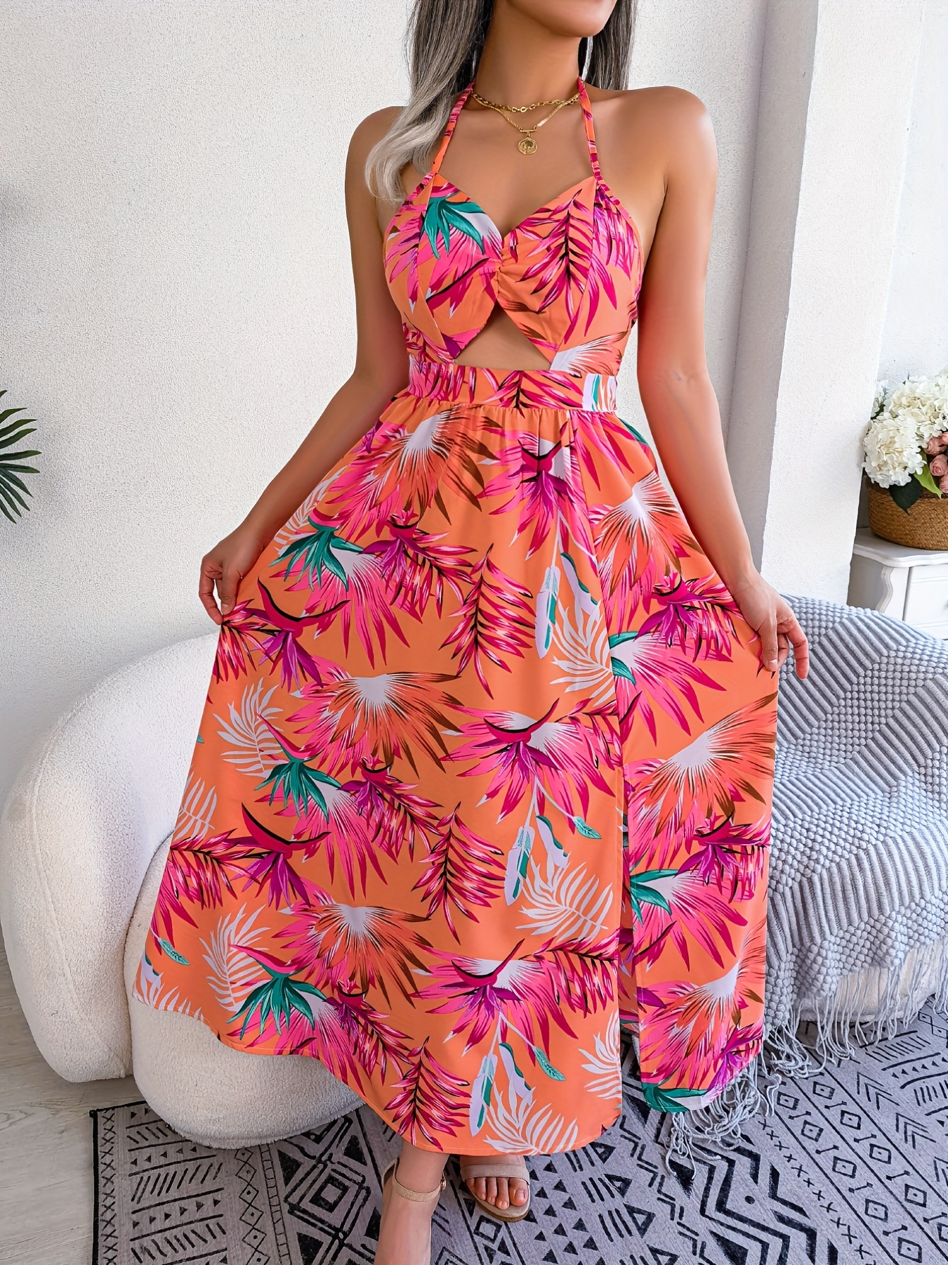 Tropical Print Halter Neck Dress Boho Backless Split Maxi - Temu