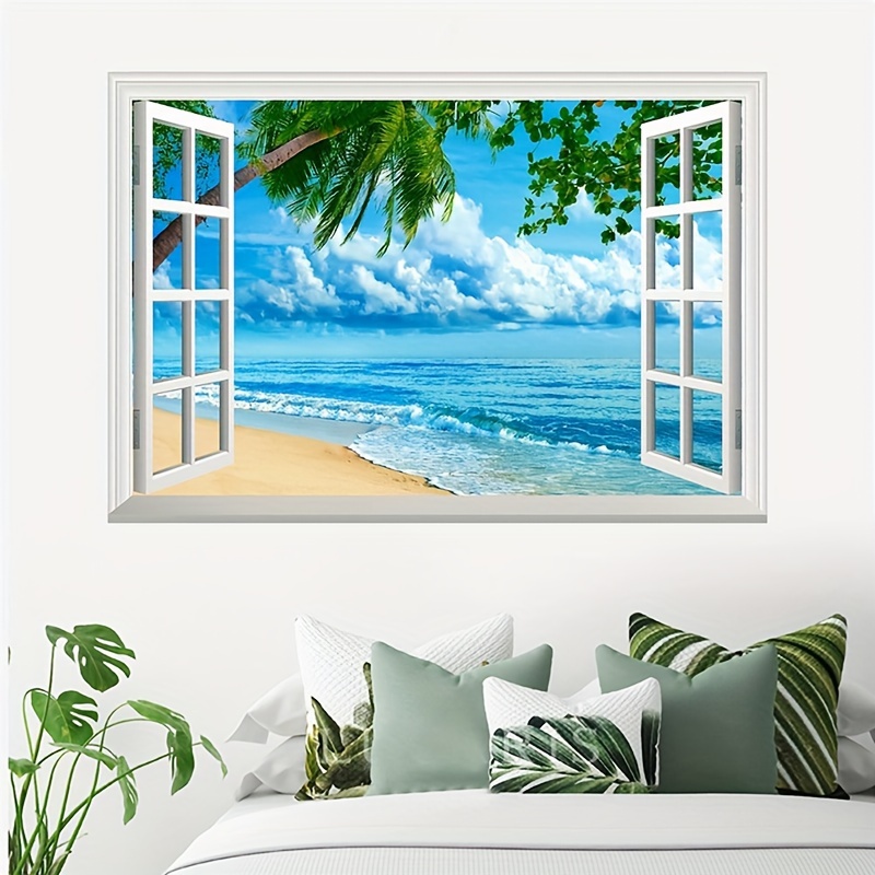 Blue Door Mural Stickers Self-Adhesive 3D Relief Beach Sea