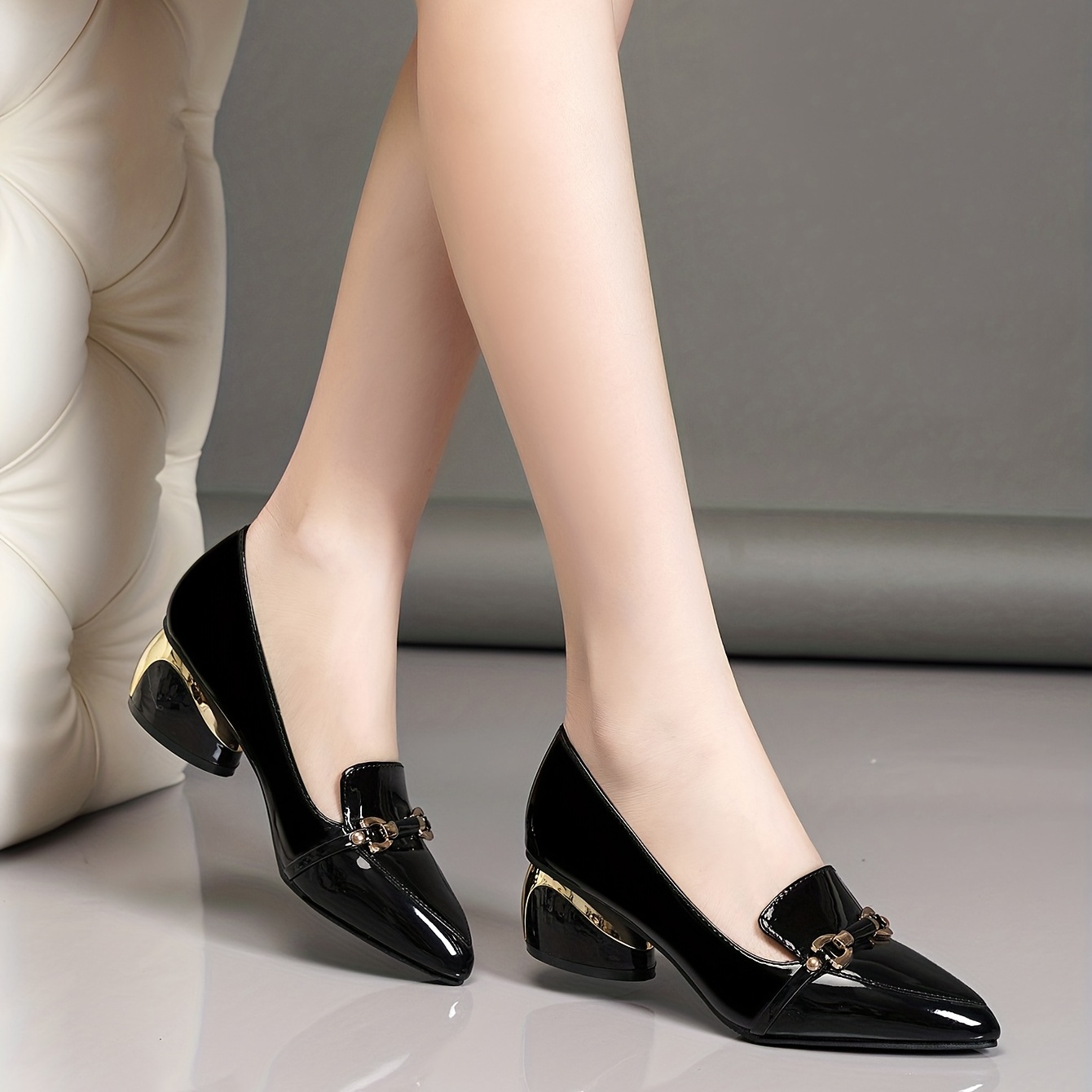 Elegantes zapatos de salón negros para mujer, zapatos de tacón grueso con  punta en punta
