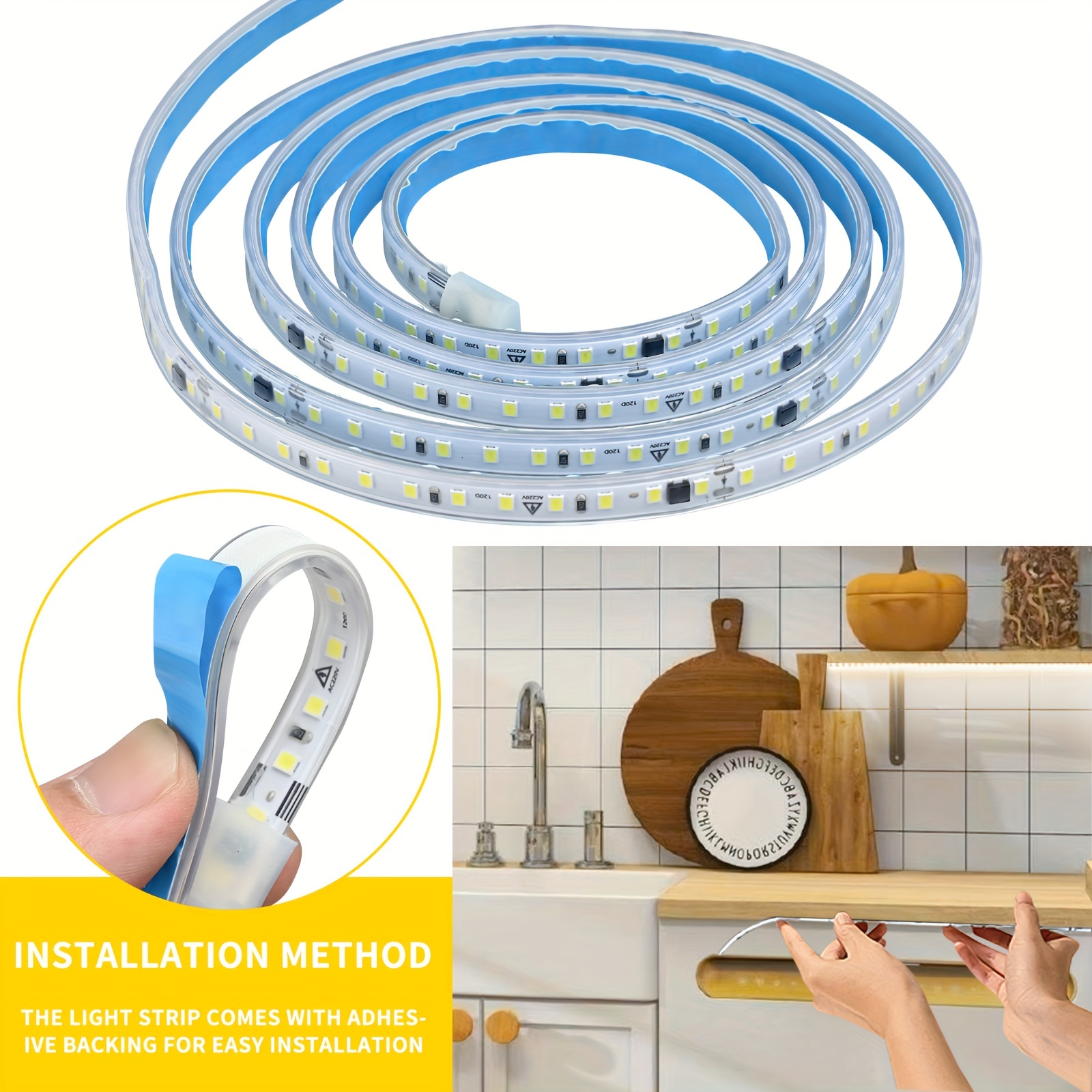 Tira de luces LED impermeables para iluminación del hogar, cinta de lámpara  de cocina de 1- 5M, enchufe europeo, 220V/EE. UU., para armario, armario,  retroiluminación, 110V