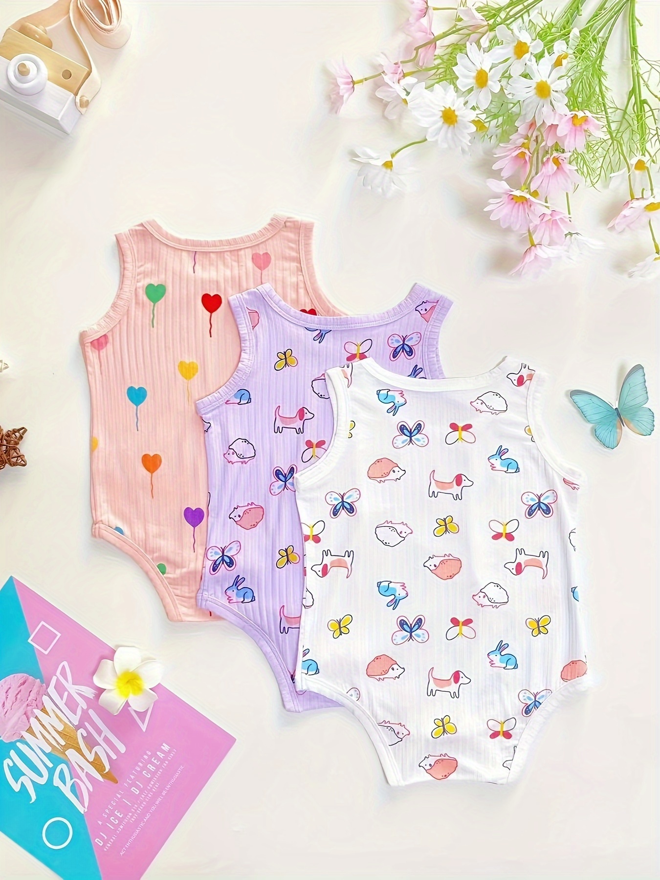 Baby Girl 3-piece Suit, Spring And Summer New Cute Cartoon Print Comfy & Soft Triangle Romper 3 Colors Available