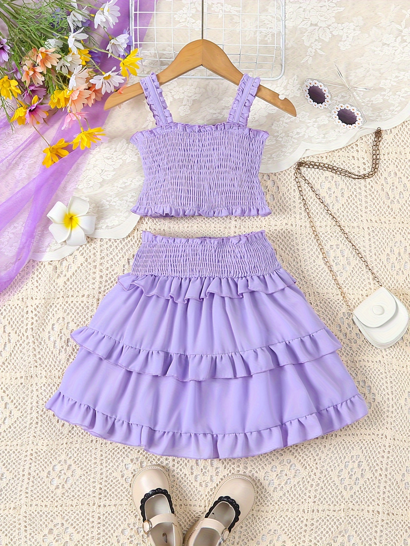 2pcs Toddler Girl 100% Cotton Solid Color Button Design Camisole and Ruffle Hem Skirt Set