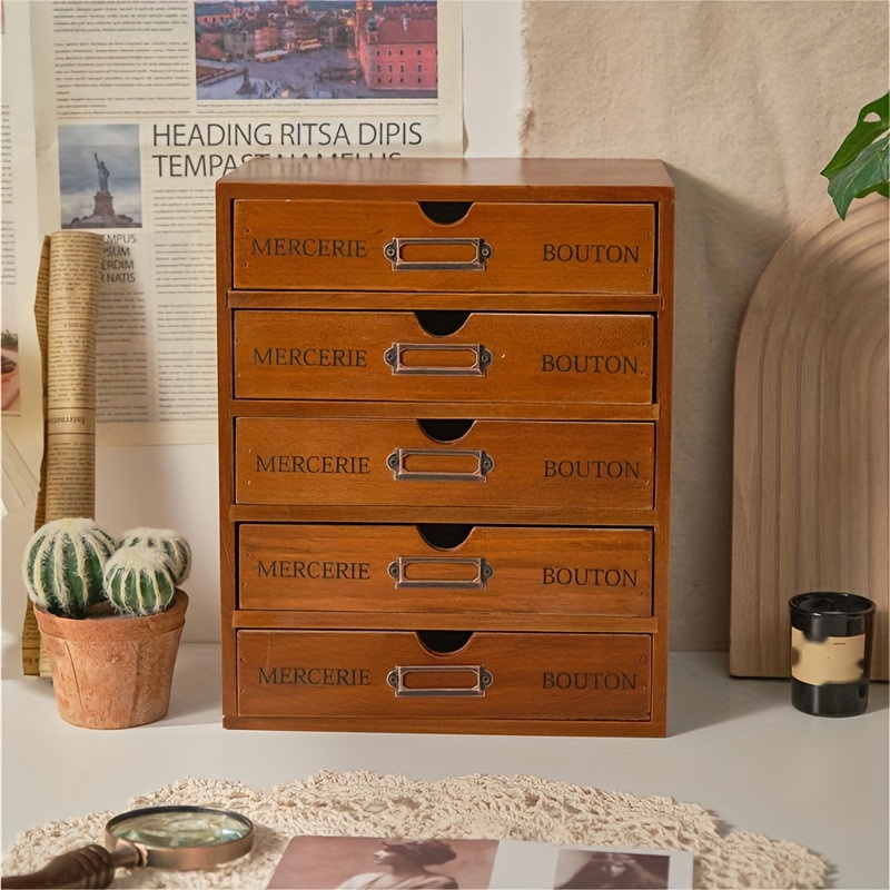

1pc Wooden Five-layer Retro Storage Box, Vintage Drawer Type Makeup Storage Cabinet, Large Capacity Skincare Jewelry Storage Container, Multi-functional Makeup Organizer, Vanity Decor