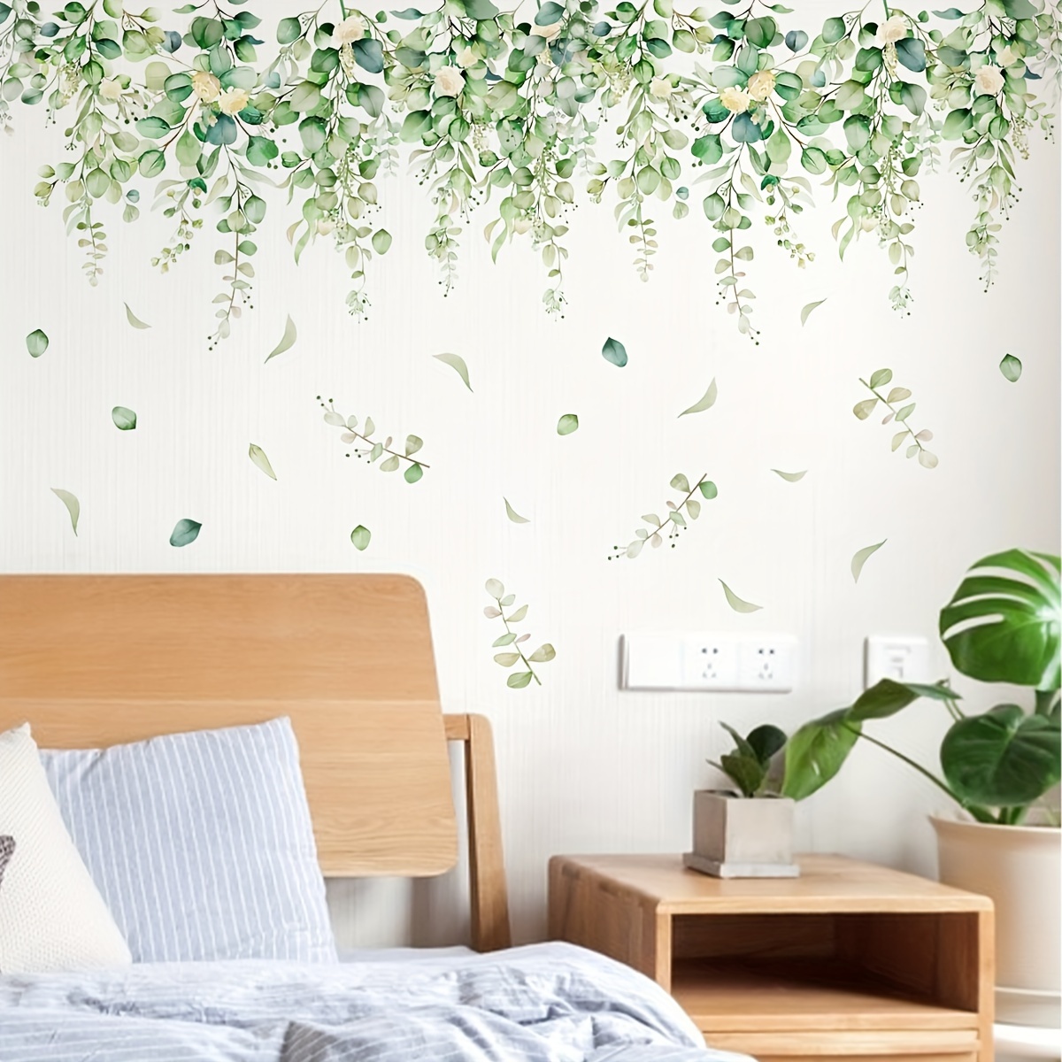 Green Hanging Leaf Wall Decals, Removable Fresh Plant Leaves