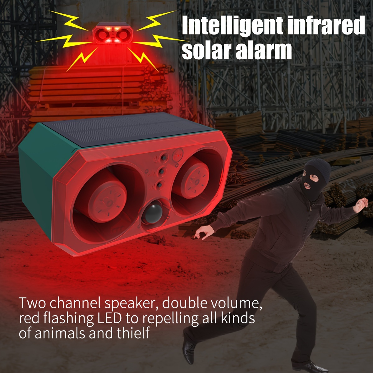 Luz de alarma solar con sensor de movimiento, sonido de ladridos y disparos  de 129 db, alarma de detección de movimiento impermeable IP55 para el