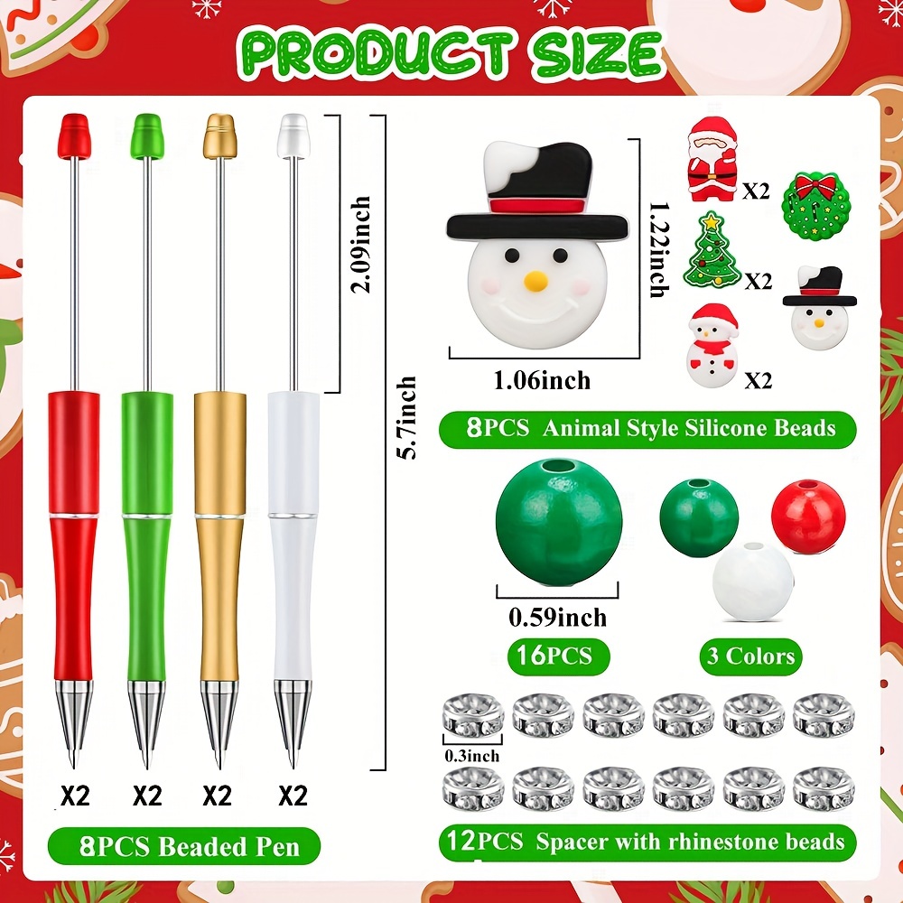 Axolotl 12 Pcs Christmas Beadable Pens, Silicone Focal Beads Plastic Pens 75 Pcs Bulk DIY Kits Sets, Ballpoint Pen Black Ink, Gifts for Making DIY