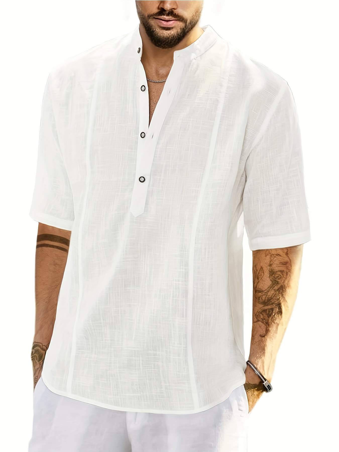 Camisa Manga Corta Cuello Alto Sólido Casual Hombres Verano - Temu