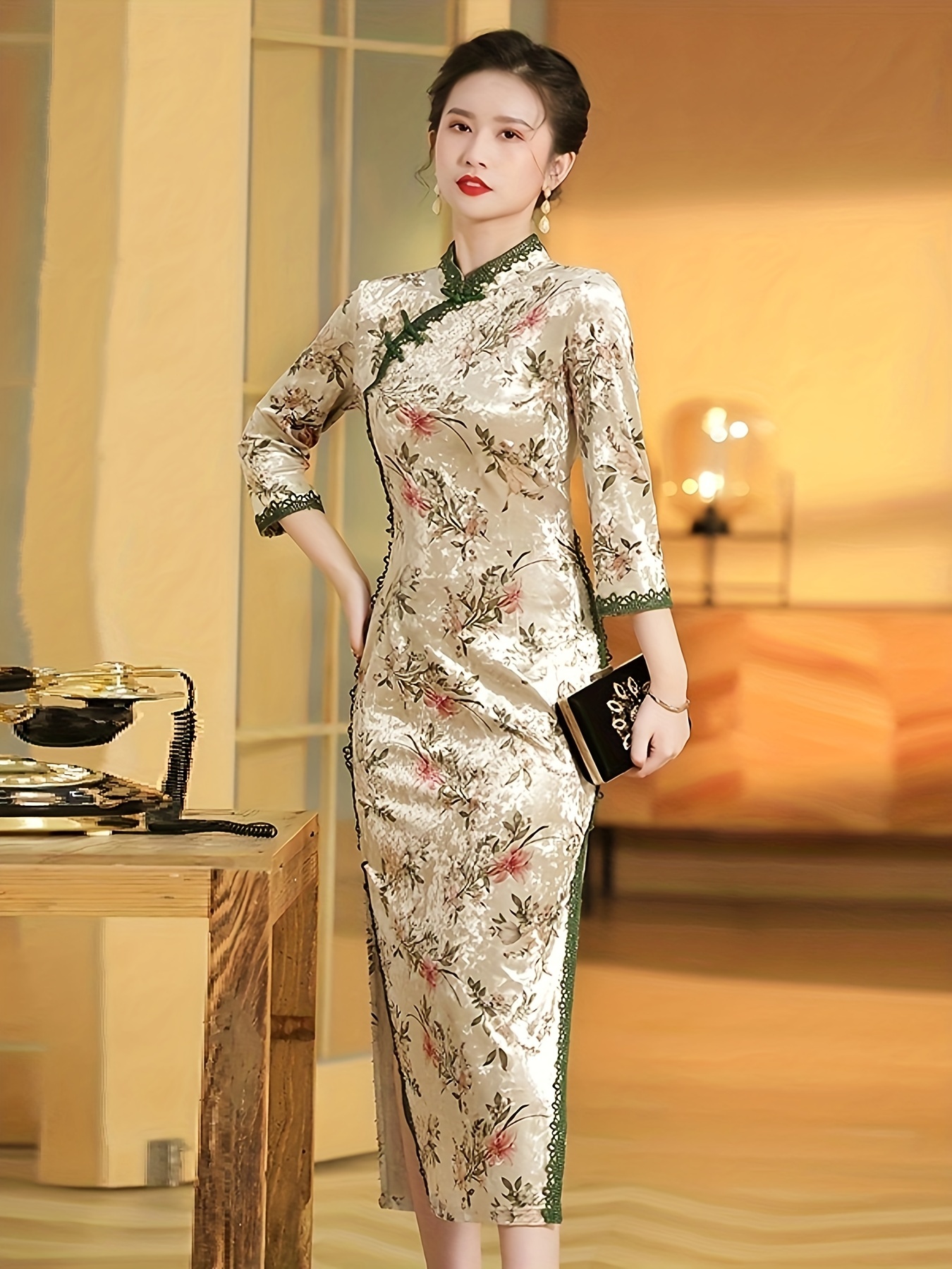 Floral Pattern Split Cheongsam Dress, Elegant Bodycon Chinese Style Qipao  Dress, Women's Clothing