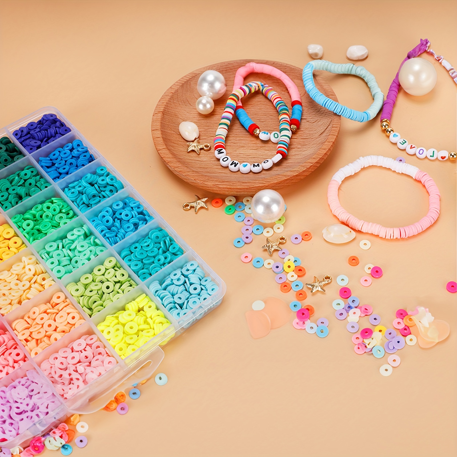 4000pcs Clay Beads for Jewelry Bracelet Making Kit 6mm 24 Colors Flat  Polymer Heishi Beads DIY Craft Kit with Smiley Face Letter Bead Jump Rings Elastic  String Cord Pendant Charms