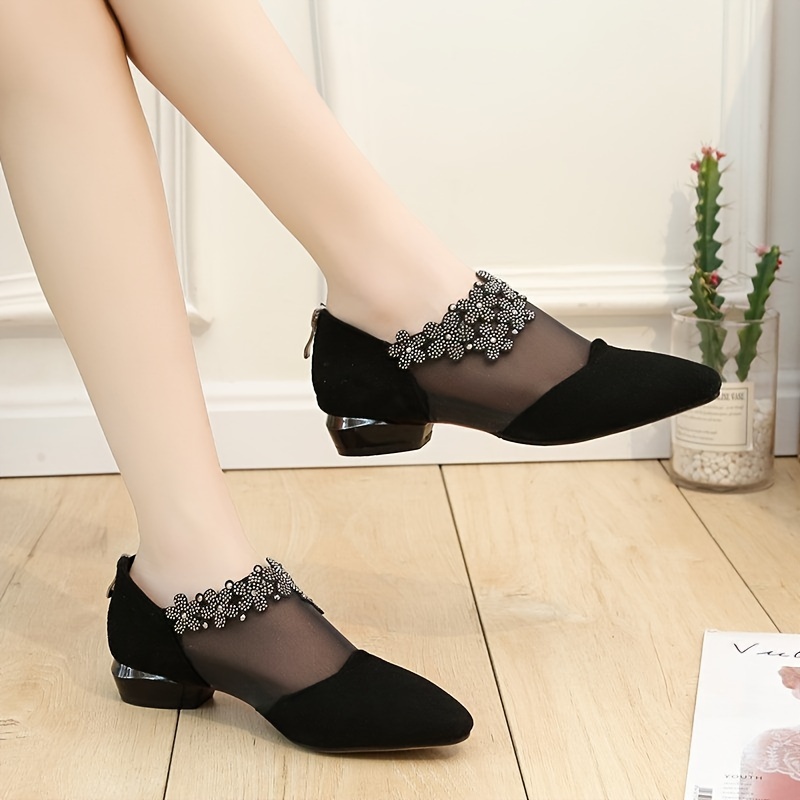 

Women's Mesh Stitching Low Heels, Flower Rhinestone Pointed Toe Back Zipper Shoes, Fashion Breathable Sandals