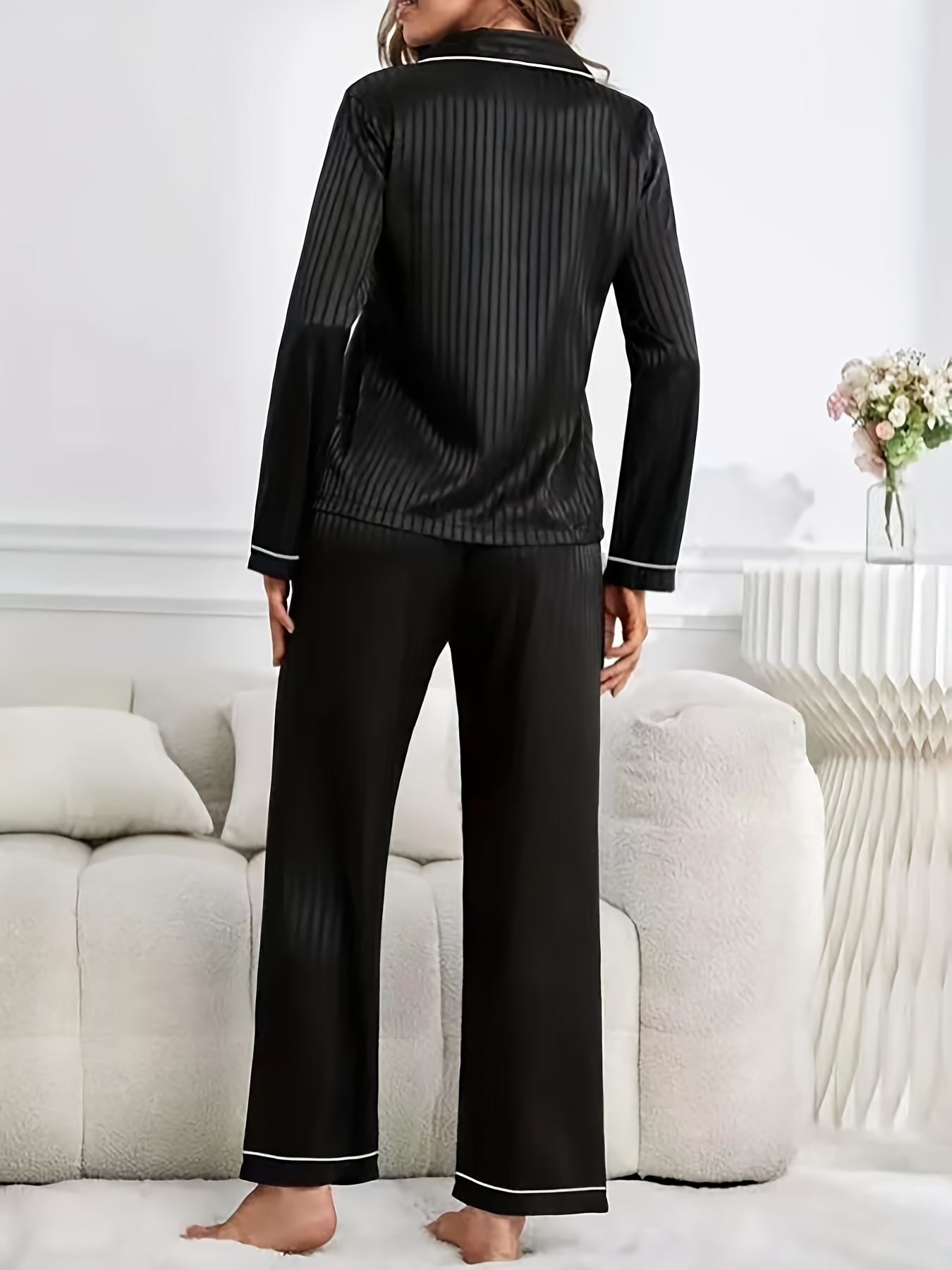 Striped Satin Pajama Set, Long Sleeve Buttons Top & Elastic Waistband  Pants, Women's Sleepwear & Loungewear