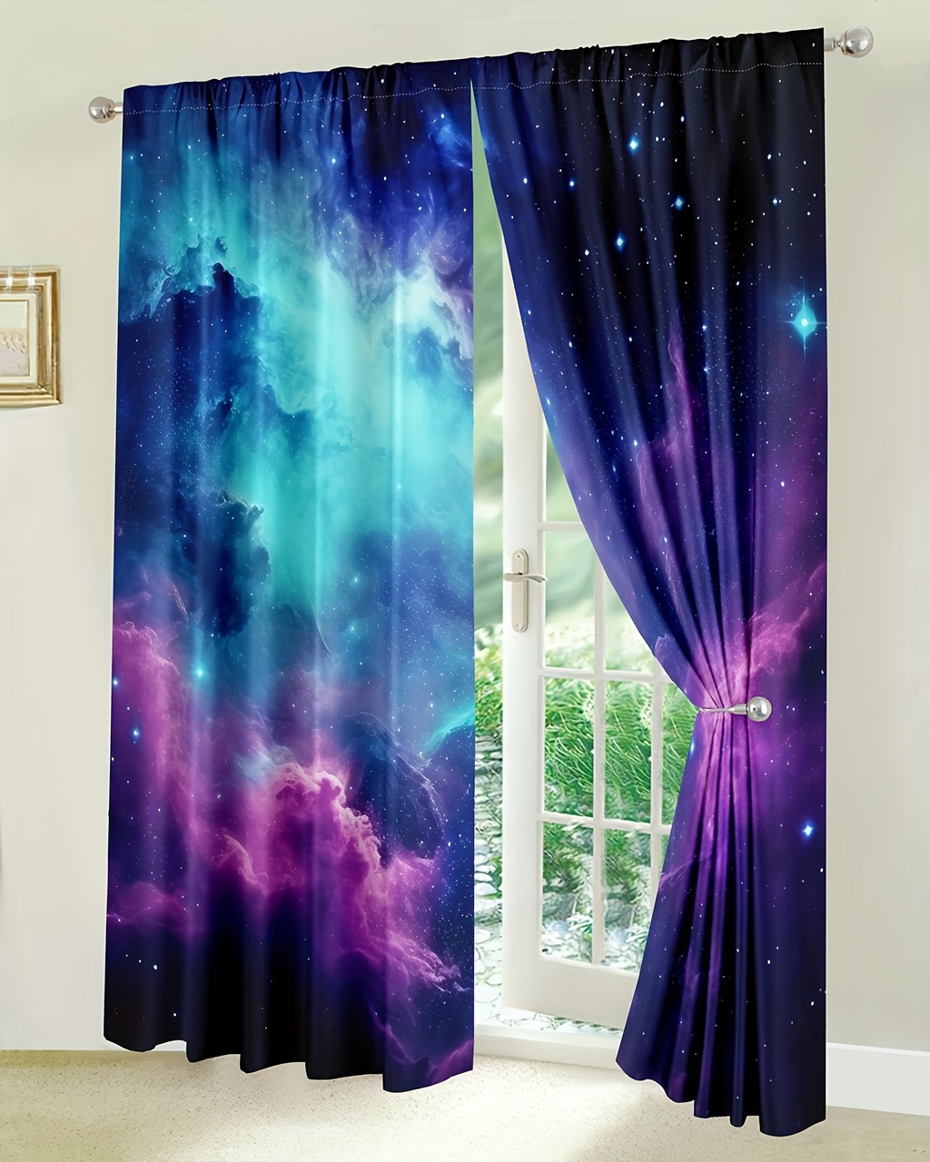 2 個青紫銀河生地カーテンロッドポケット宇宙寝室の装飾宇宙ファンタジー星空スター星雲アートプリントカーテンリビングルームの窓ドレープ家の装飾