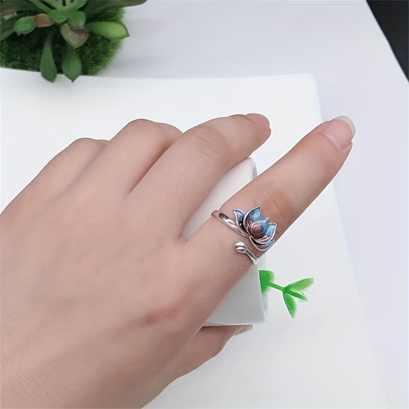 Retro Koi Enamel Colored Adjustable Ring with Lotus Design
