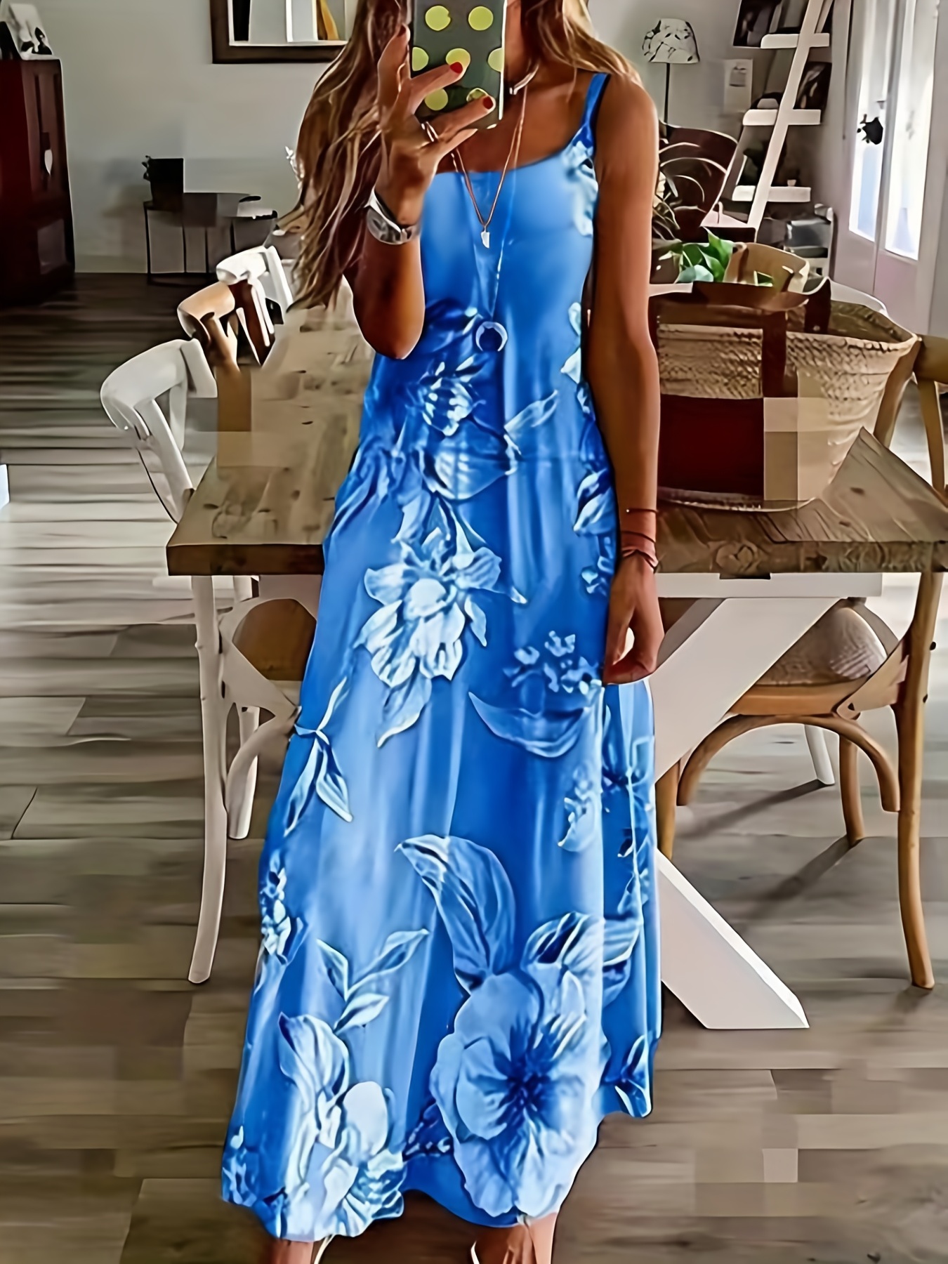 SHCKE Women's Summer Maxi Dress Floral Print Sleeveless Spaghetti Strap  Beach Long Dresses