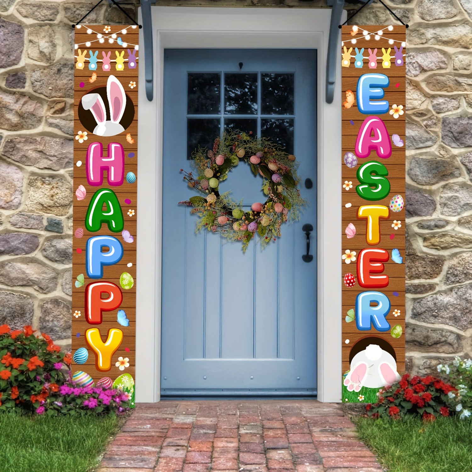 

1 Pair Easter Party Supplies- Porch Sign Banner Hello Front Door Welcome Banner For Spring Theme Easter Bunny Door Decoration