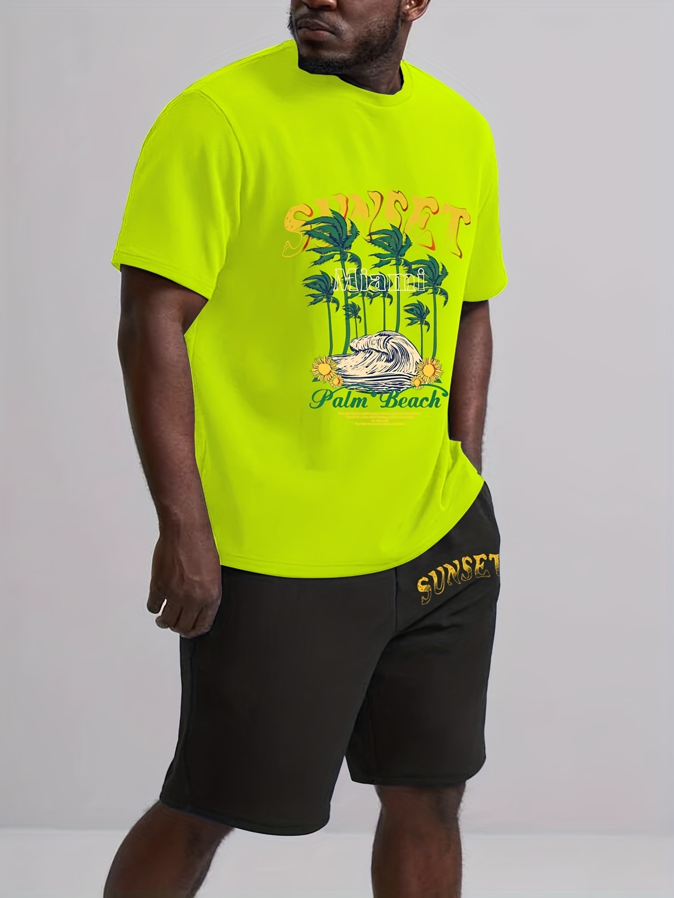 Conjunto Camiseta Pantalón Corto Hombre Gráfico Sunset Palm - Temu