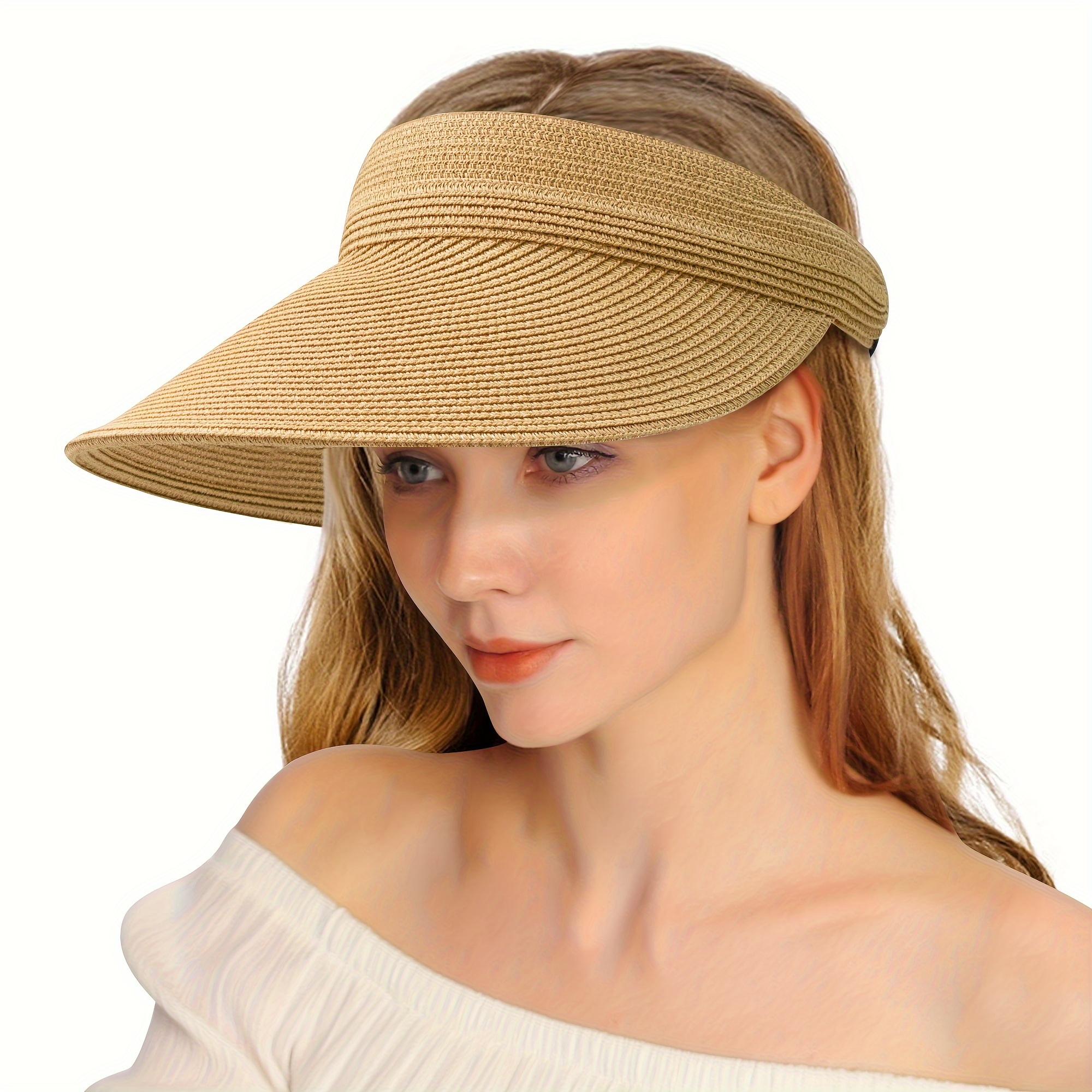 Sun Visor Hats For Women Wide Brim Straw Roll-Up Ponytail Summer