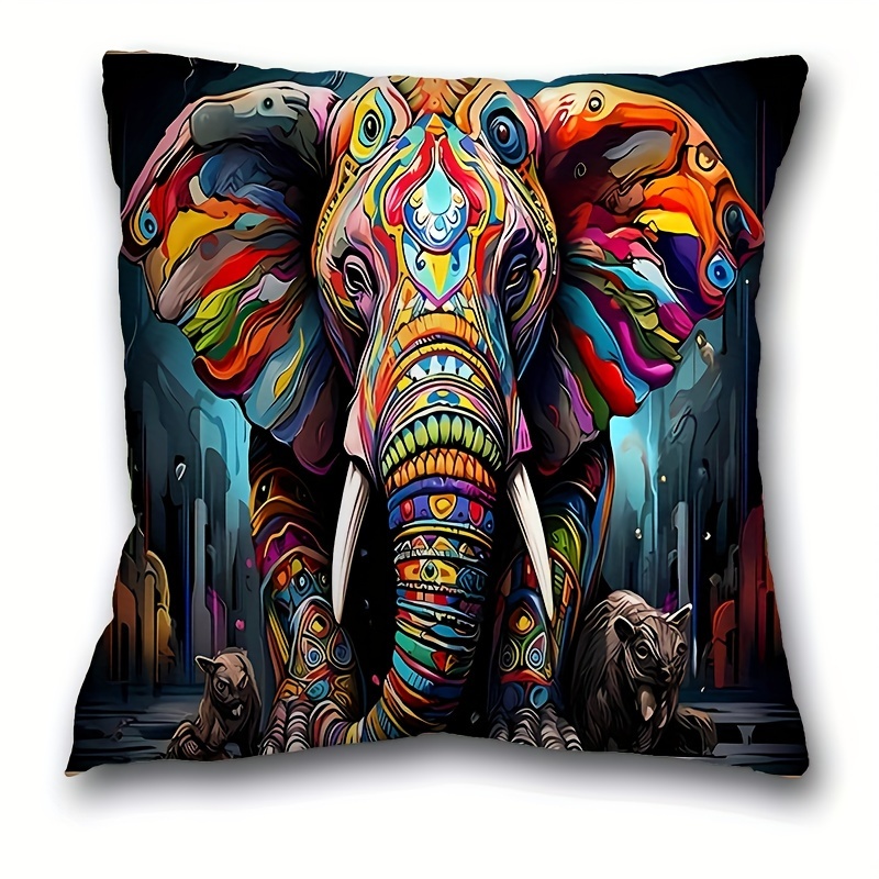 

1pc, Elephant Painting Style Polyester Cushion Cover, Pillow Cover, Room Decor, Bedroom Decor, Sofa Decor, Collectible Buildings Accessories (cushion Is Not Included)