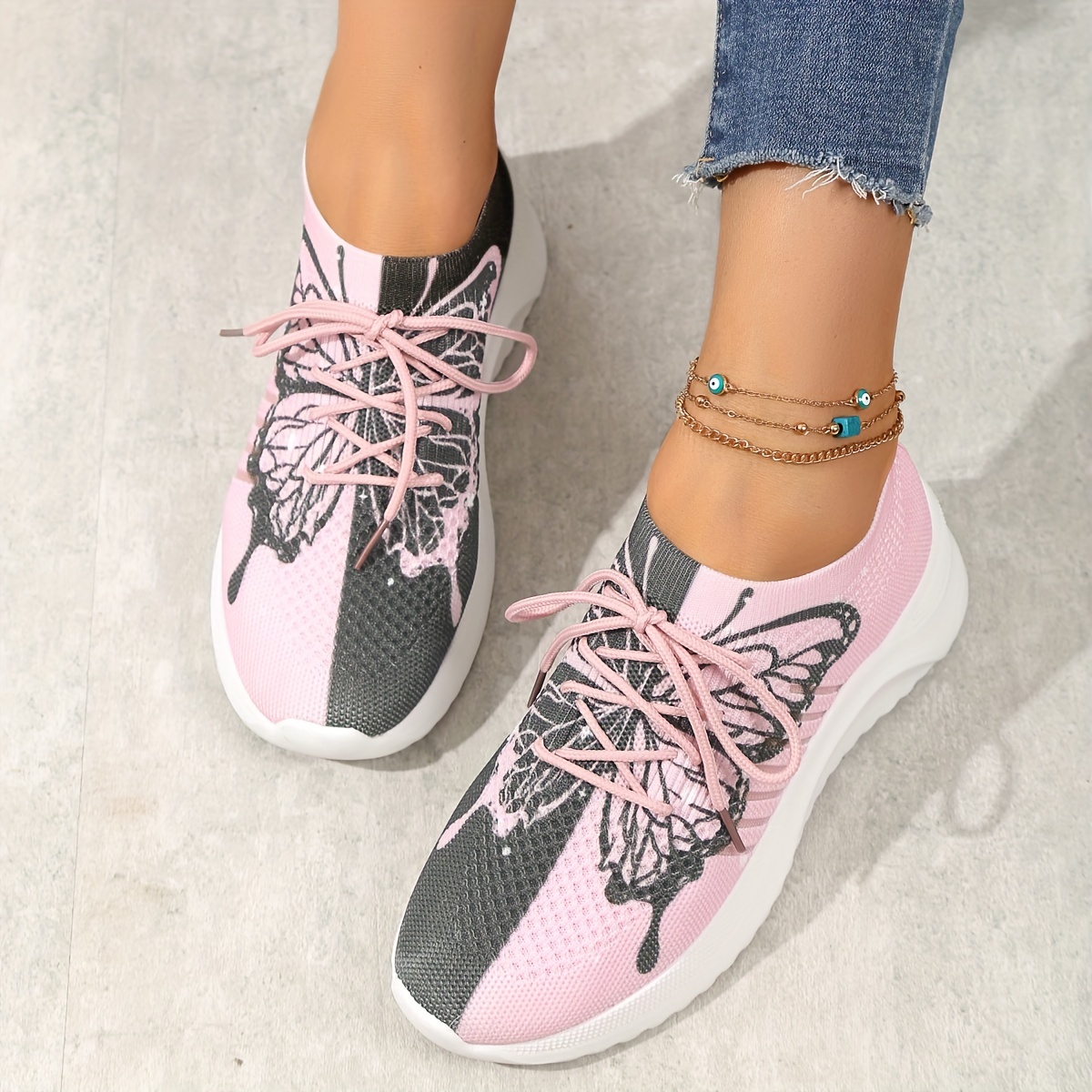 

Women's Contrast Color Sneakers, Butterfly Pattern Low Top Knitted Sports Shoes, Casual Outdoor Walking Trainers