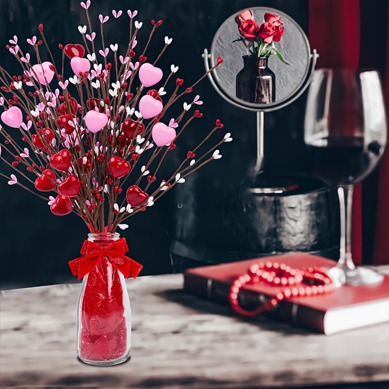 MELIUS 6 Pcs Valentine’s Berry Flower Stems, 14 Red Heart Shaped  Artificial Flowers Berry Branches for Valentine's Day Wedding Decor