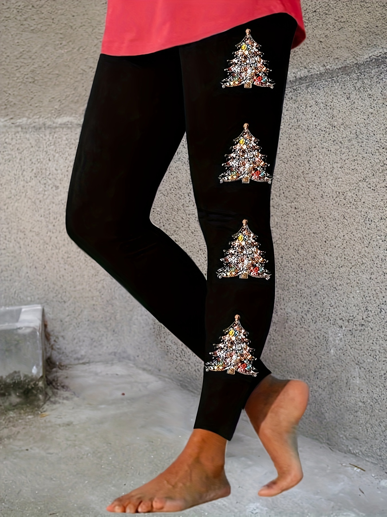 Christmas Gnome Print Skinny Leggings Casual High Waist - Temu