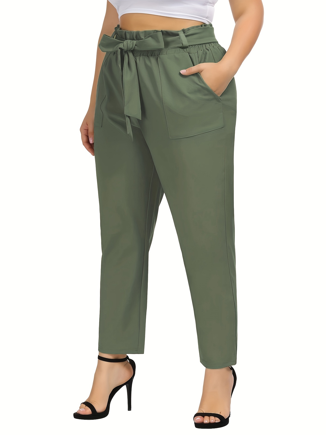 Plus Size Casual Pants, Women's Plus Solid Elastic High * Slight Stretch  Pleated Wide Leg Trousers